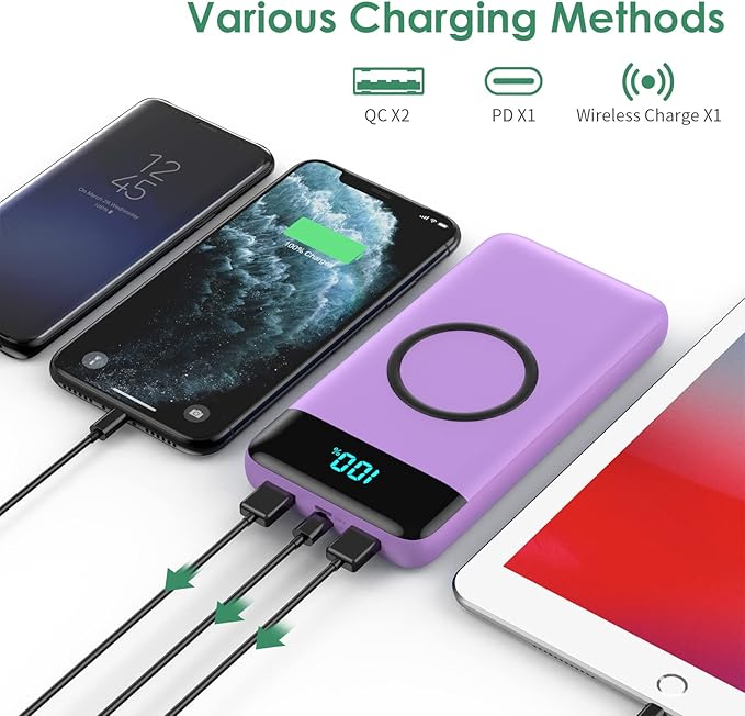 Wireless Portable Charger 30,800mAh,15W Wireless Charging USB C Power Bank,25W PD QC 4.0 Fast Charging 4 Outputs Travel Essentials Battery Pack Compatible with iPhone 17/16/15/14,Galaxy,Android-Purple