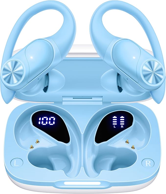 PocBuds Bluetooth Headphones Wireless Earbuds 80hrs Playtime Wireless Charging Case Digital Display Sports Ear Buds with Earhook Deep Bass IPX7 Waterproof Over-Ear Earphones for TV Phone Laptop Blue