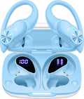 PocBuds Bluetooth Headphones Wireless Earbuds 80hrs Playtime Wireless Charging Case Digital Display Sports Ear Buds with Earhook Deep Bass IPX7 Waterproof Over-Ear Earphones for TV Phone Laptop Blue