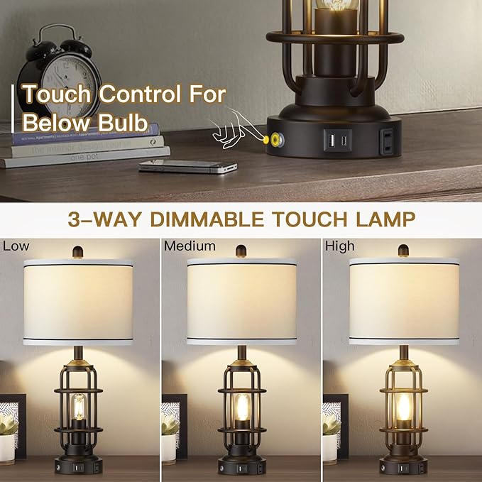26" Modern Lamp for Living Room, Industrial 3-Way Dimmable Beside Table Lamp with USB A+C Charging Ports & AC Outlet, Touch Control Beside Lamp LED Night Light for Bedroom Single(2 Bulbs Included)