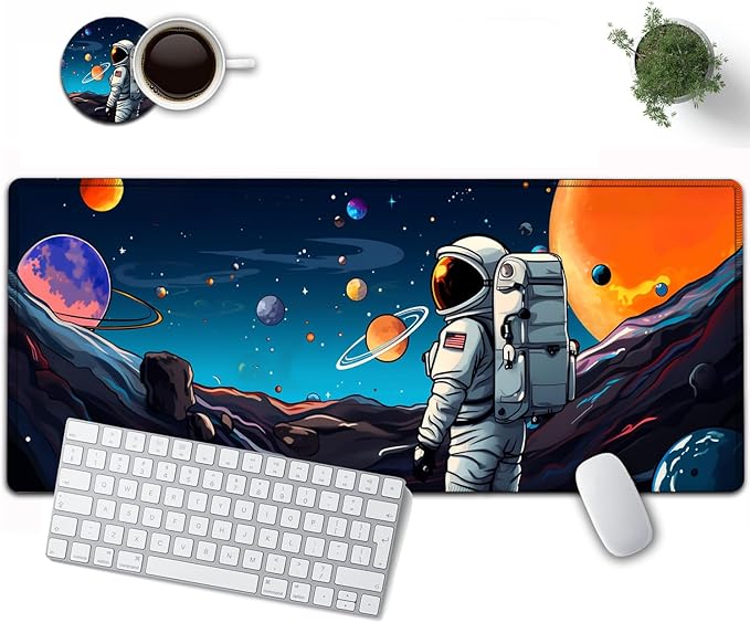 Large Mouse Pad, 31.5 x 11.8in Extended Gaming Mouse Pad with Stitched Edges, XXL Mousepad Protector Non Slip Rubber Base for Office and Home Writing Mat, Anime Space Astronauts Pattern Black Desk Mat