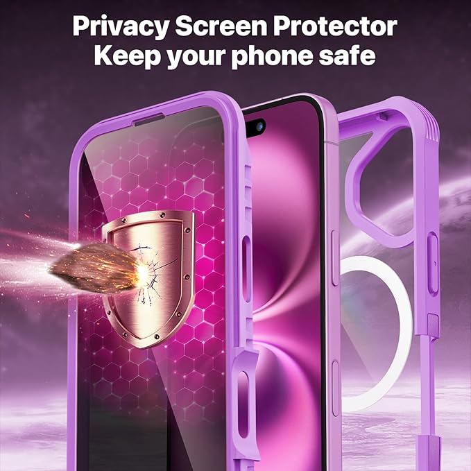 CENHUFO Magnetic Privacy for iPhone 16 Case [Compatible with Magsafe] Full Body Phone Case Built-in 9H Tempered Glass Privacy Screen Protector and Camera Lens Cover, Shockproof Bumper Clear -Rose Pink