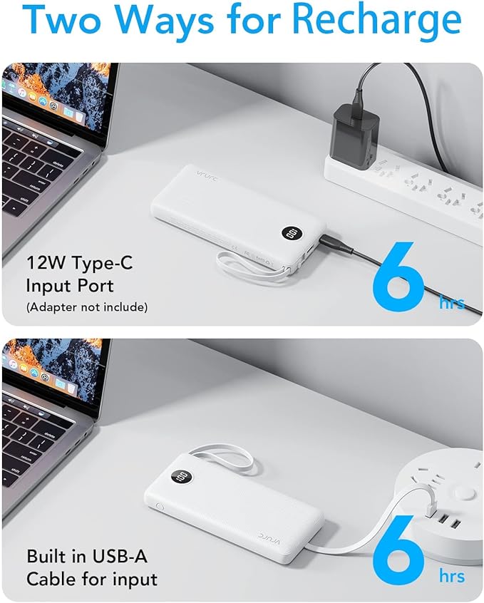 VRURC Portable Charger Built in Cables, Slim Power Bank 10000mAh, Multi Devices Charging Bank with Lanyard, USB C Battery Pack 5 Outputs for iPhone 17 Pro 17 16 15 14 13, Samsung Phones-White(1 Pack)