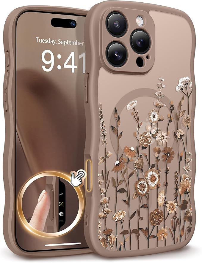 GVIEWIN for iPhone 16 Pro Max Case Compatible with MagSafe [Curly Wave Edge][Full Camera Protection] Floral Translucent Shockproof Magnetic Women Phone Case for 16 Pro Max, Floratopia/Brown