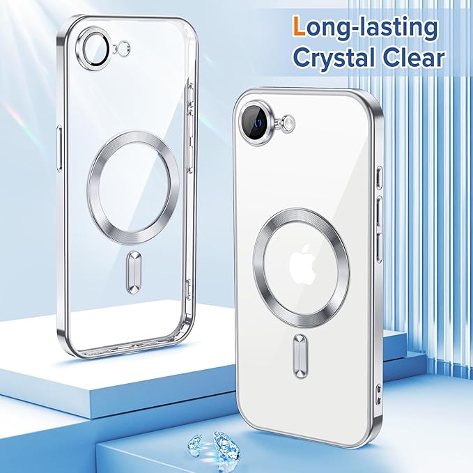 Hython Magnetic Clear for iPhone 16e Case with Camera Lens Protector [Compatible with MagSafe] Luxury Plating Edge Slim Soft TPU Cover Protective Phone Case for iPhone 16e 6.1", Silver