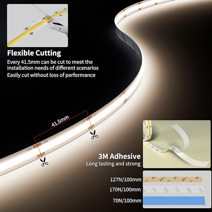 PAUTIX 24V LED Strip Light Cool White 5000K,20ft/6.1m COB LED Strip Light,Super Bright Flexible LED Tape Light for Kitchen,Stairs,Display Cabinet,Bedroom(Power Supply&Controller Not Included)