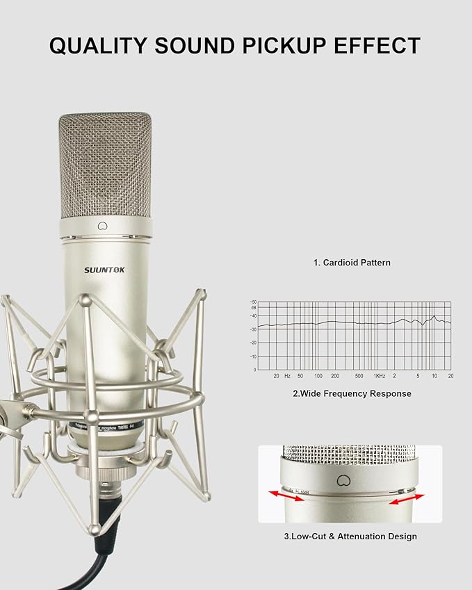 SUUNTOK XLR Microphone, Professional Condenser Microphone with 34mm Large Diaphragm, Cardioid Studio Recording Mic Computer Gaming PC TM87KB Mic Kit for Singing, Podcasting, YouTube (Silver)