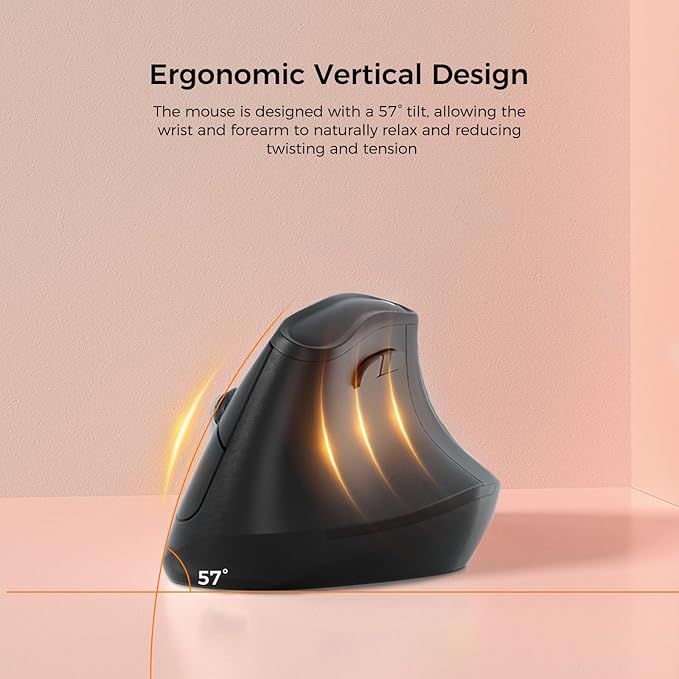 KYSONA 57° Ergonomic Wireless Tower Mouse, Vertical Quiet Ergo Mouse, Bluetooth(BT5.0,BT3.0)&2.4G, (800/1200/2400/2400/4000), 5 Buttons for Windows, macOS, iPadOS, Laptop, PC, Black