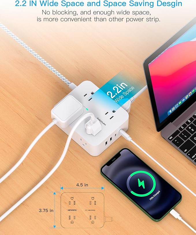 Extension Cord 20 Ft, HANYCONY Power Strip Surge Protector with 8 Outlets 4 USB Ports(2 USB C), Long Cord, Flat Plug, Wall Mount, Desk USB Charging Station for Home Office Essentials