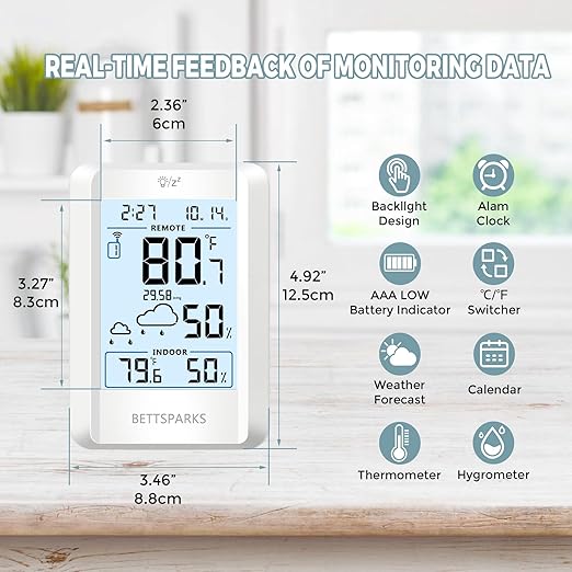Indoor Outdoor Thermometer Wireless Weather Station with 330FT Range Remove Sensor Inside Outside Digital Hygrometer Thermometer Battery Powered Temperature Gauge Humidity Monitor with Clock&Backlight