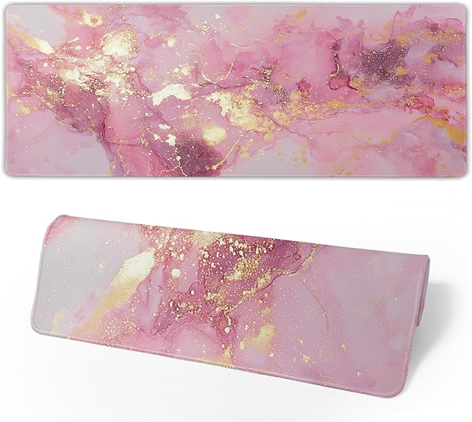 Gold Pink Marble Mouse Pad Extended Large 35.4x15.7in Coquette Kawaii Desk Mat Preppy Trendy Computer Mousepad XL Non-Slip Rubber Base Stitched Edge Rose Gold Mousepad PC Desk Pad for Work Desktop