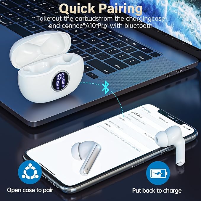 Wireless Earbuds, Bluetooth 5.3 Headphones HiFi Stereo 50H Playback LED Digital Display Ear Buds with ENC Noise Canceling Headset, IPX7 Waterproof Earphones for Gym/Running/Work (White)
