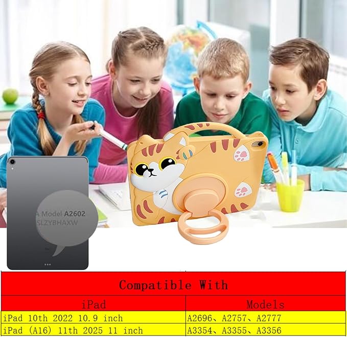 3D Cute Vivid Cat Case for iPad 10th Generation (2022) 10.9 inch/iPad (A16) 11th 2025 11 inch,Cartoon Character Pretty Cat Soft Silicone Rotating Stand Case with Lanyard for Kids Teens Girls Women