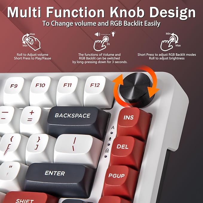 E-YOOSO 75% Wired Mechanical Gaming Keyboard, Creamy Sound, Hot Swappable Pre-lubed Linear Switches, Gasket Structure, Knob Control, RGB Backlit, Compact Custom for PC, White/Red