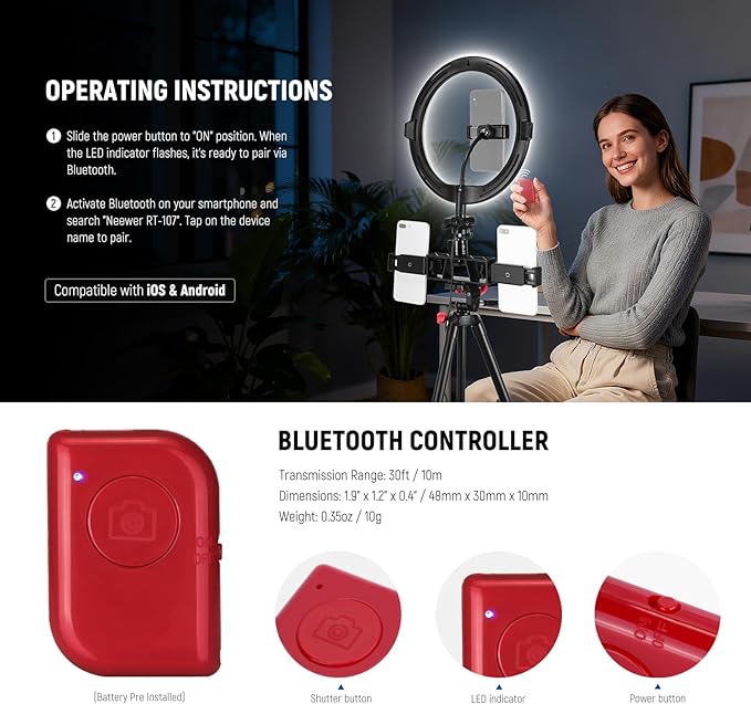 NEEWER Basics 10" Selfie Ring Light with Tripod Stand/3 Phone Holders Compatible with iPhone/3 Cold Shoes/Remote, LED Ringlight Lighting for YouTube TikTok Vlog Video Recording Makeup Streaming, R11