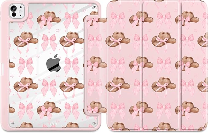 Case for iPad Pro 11 inch (M5) 2025 (M4) 2024 Release with Pencil Holder - Aesthetic Cute Preppy Design Trifold Cover with Soft TPU Bumper Clear Back Auto Sleep/Wake for Girls Women, Hat