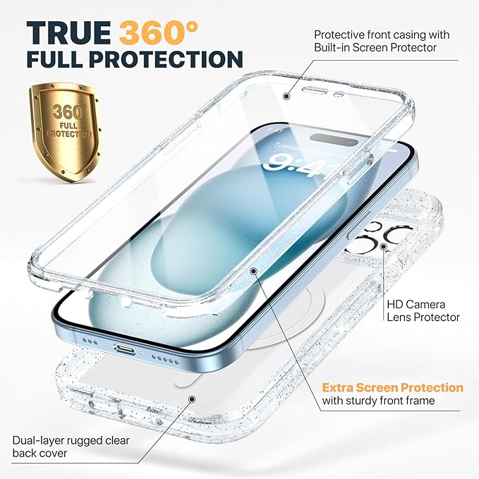 Diaclara Designed for iPhone 15 Plus Case 6.7'', [Compatible with MagSafe] Full Body Rugged Magnetic Case w/Built-in Sensitive Anti-Scratch Screen Protector+Glass Camera Lens Protector,Clear Glitter