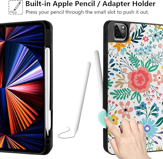 DONGKE Case for iPad Pro 11 inch (4th, 3rd, 2nd & 1st Gen) 2022 2021 2020 2018, Trifold Stand + Pencil Holder + Auto Wake/Sleep + Soft TPU Protective Stand Back Cover, Flower