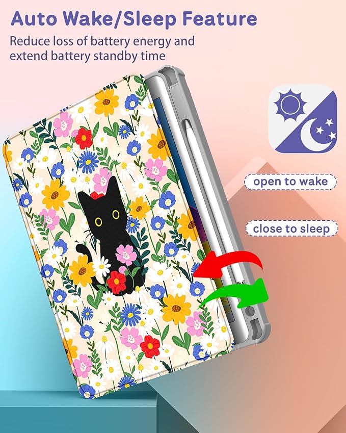 Uppuppy for iPad 9th/8th/7th Generation Case for iPad Air 3rd/ Pro 10.5” Case - 360 Rotating Stand Folio Smart Cover with Pencil Holder for Women, Cat & Flowers for Apple Tablet 7/8/9 Gen 10.2 inch