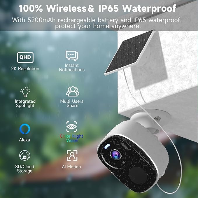 4PCs 2K Security Camera Wireless Outdoor, Solar Camera for Home Security, Battery Powered WiFi Security Cameras with Color Night Vision, AI Motion Detection, 2-Way Audio, IP65, SD/Cloud, Works Alexa