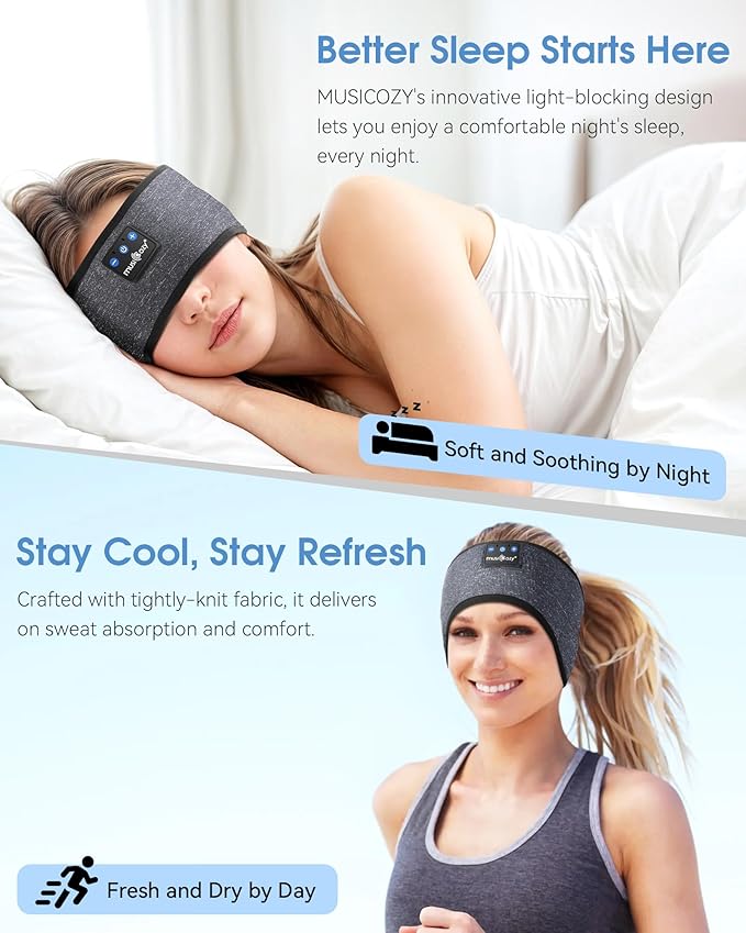 MUSICOZY Sleep Headphones Bluetooth 5.4 Headband Headphones, Wireless Earphones Music Sleep Earbuds for Side Sleepers Sleeping Eye Mask for Women Men Workout Running Cool Unique Gifts, Black