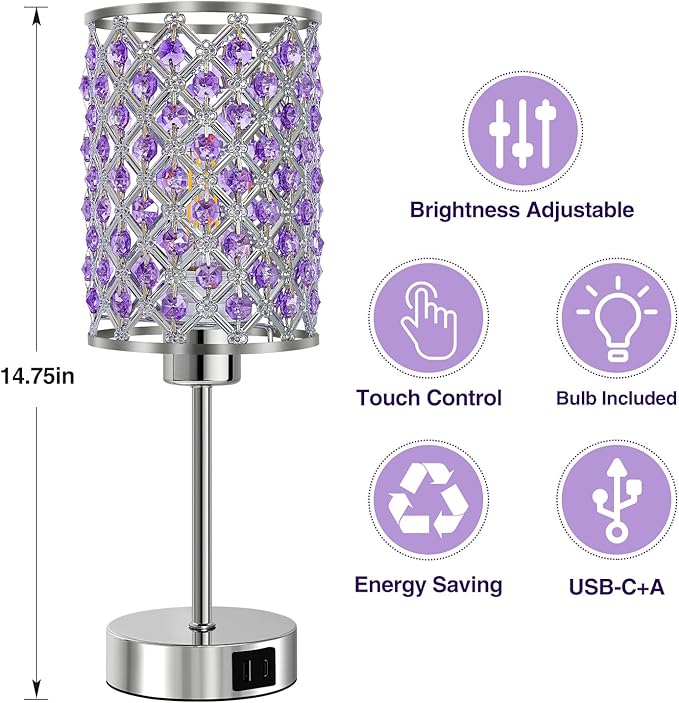 GyroVu Purple Crystal Table Lamps Set of 2, Dimmable Touch Control Bedside Lamps with USB C+A Ports, Small Night Lights for Bedroom, Living Room, Girls Room, Home Office, Bulbs Included