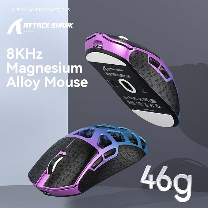 R3 Wireless Gaming Mouse, 46g Superlight Magnesium Alloy Triple-Mode Computer Mouse, 8000Hz Polling Rate, PAW3395 26K DPI Sensor Programmable Mice with Griptape for PC/Win/Mac (Purple&Blue)