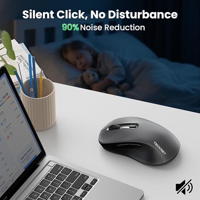 TECKNET Rechargeable Bluetooth Mouse, [ USB + BT5.0 + BT3.0 ] Wireless Mouse, Ergonomic Design, Silent Click, 6-Level 4800 DPI Wireless Mice, 3-Device Switching for Laptop, Computer, MacBook（Grey）