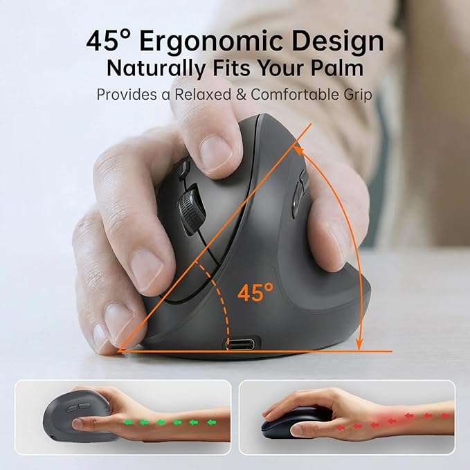 PYP Ergonomic Vertical Wireless Mouse, Bluetooth 5.2/5.0 & 2.4G Tri-Mode, Type-C Rechargeable with Power Display, 6-Level Adjustable 8,000 DPI, Lightweight Quiet Click for Laptop Mac - Black