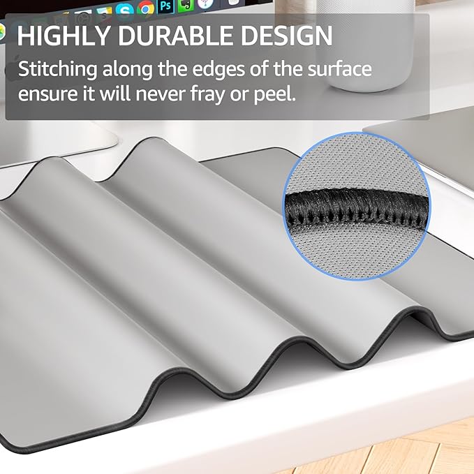 KTRIO Large Gaming Mouse Pad Desk Mat, Superior Micro-Weave Cloth, Non-Slip Rubber Base, Stitched Edges, Water-Resistant, for Gamer, Office & Home, 31.5 x 15.7 Inch，Silver Grey