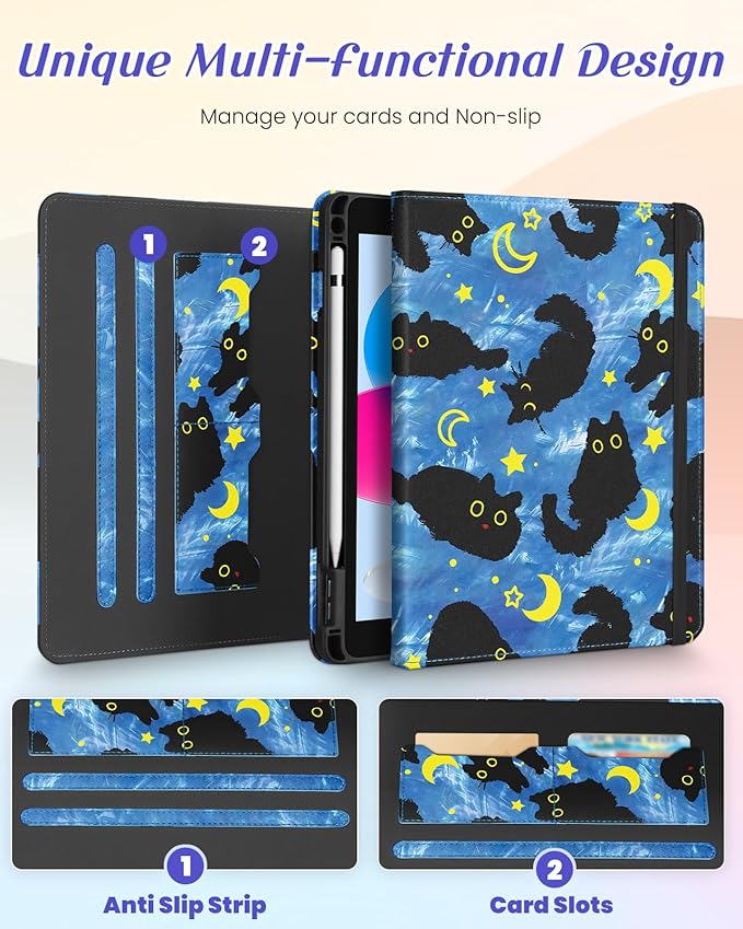 Kidcube for iPad 10th Generation Case 2022, for iPad (A16) Case 11th Generation 2025 - for Women Girls Cute Rotating Stand Folio Cover with Pencil Holder & Card Slot Girly Cat Design Blue Teen Cases