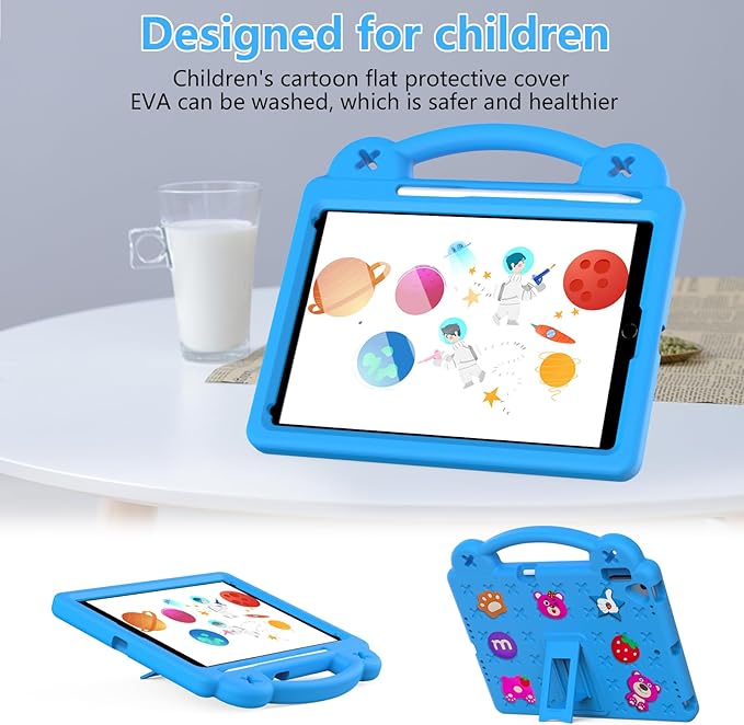 Dteck for iPad 9th/8th/7th Generation 10.2" Kids Case,Strawberry Panda Shockproof Rugged Lightweight Convertible Handles Stand Pencil Holder Kids Friendly Case for iPad 10.2" 2021/2020/2019,Sky Blue