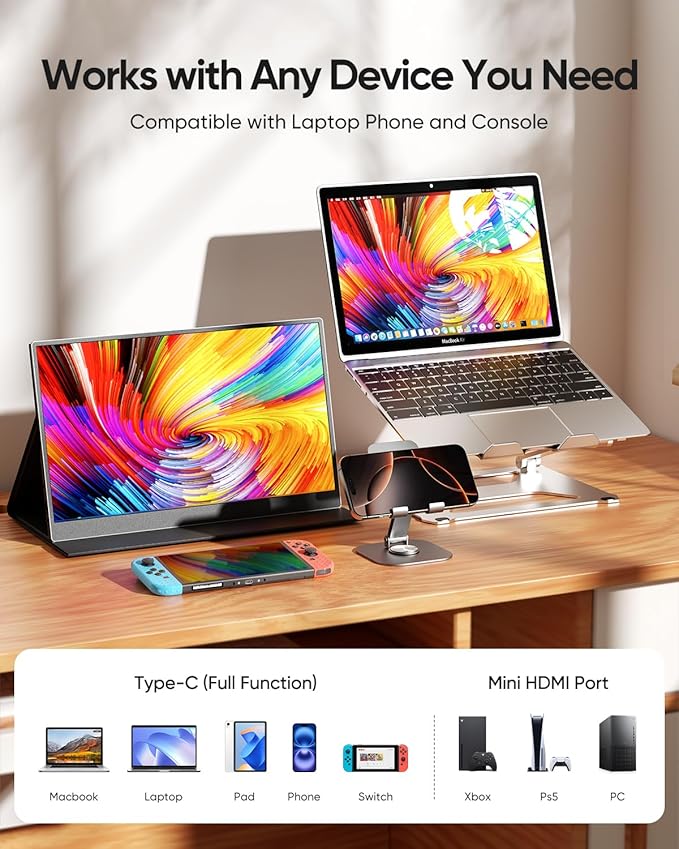 CJkao Portable Monitor 15.6” FHD 1080P USB-C & HDMI Display Ultra-Slim IPS Screen w/Smart Cover, Dual Speakers, HDR, Eye-Care, External Monitor for Laptop, Mac, Phone, PS5, Xbox, Switch, Black