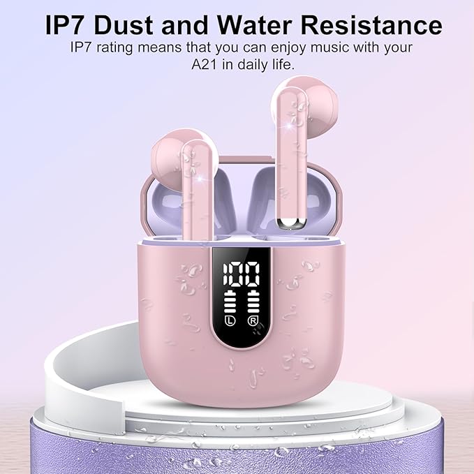 Jesebang Wireless Earbuds, Bluetooth 5.4 Headphones HiFi Stereo, Bluetooth Earbuds with ENC Noise Cancelling Mic, 36H LED Display Ear Buds, IPX7 in Ear Earphones for Phone Tablet Laptop Sports, Pink