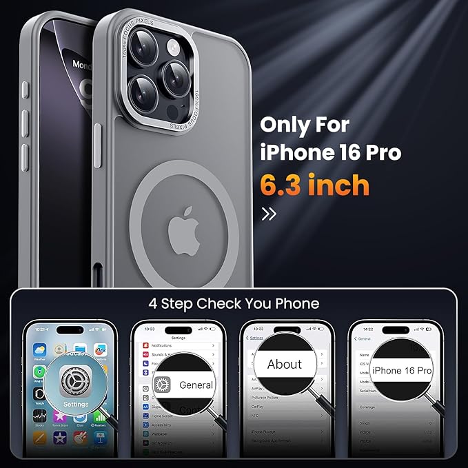 for iPhone 16 Pro Case with 2X Screen Protectors [Compatible with MagSafe] Military Grade Drop Protection Skin Feeling Back Cover Shockproof Slim Fit iPhone 16 Pro Phone Case 6.3 inch,Gray