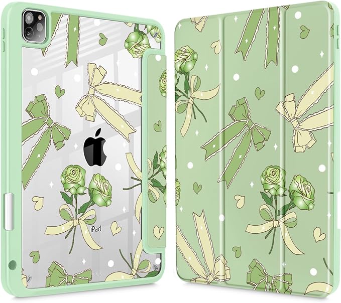 Tuiklol for iPad Pro 11 Inch 4th / 3rd / 2nd / 1st Gen (2022 2021 2020 2018) Case -Built-in Pencil Holder Shockproof Cover Clear Transparent Back Shell with Auto Wake/Sleep, Bow & Rose Green