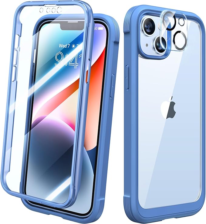 Diaclara Designed for iPhone 14 Plus Case, Full Body Rugged Case with Built-in Touch Sensitive Anti-Scratch Screen Protector, with Camera Lens Protector (Blue and Clear)