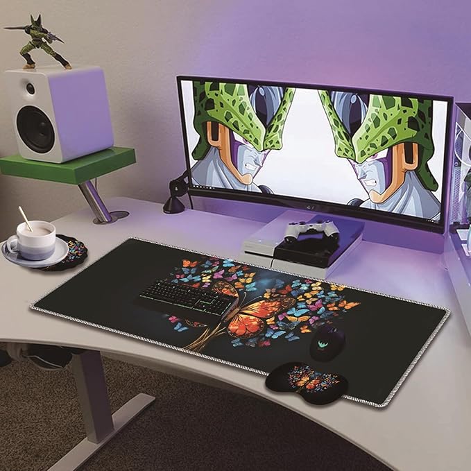 Extended Non-Slip Mouse Pad + Mouse Wrist Rest + Lace-Shaped Coaster Set, Ergonomic Design, Suitable for Desk and Home Gaming Table Mat, Colorful Tree Butterfly