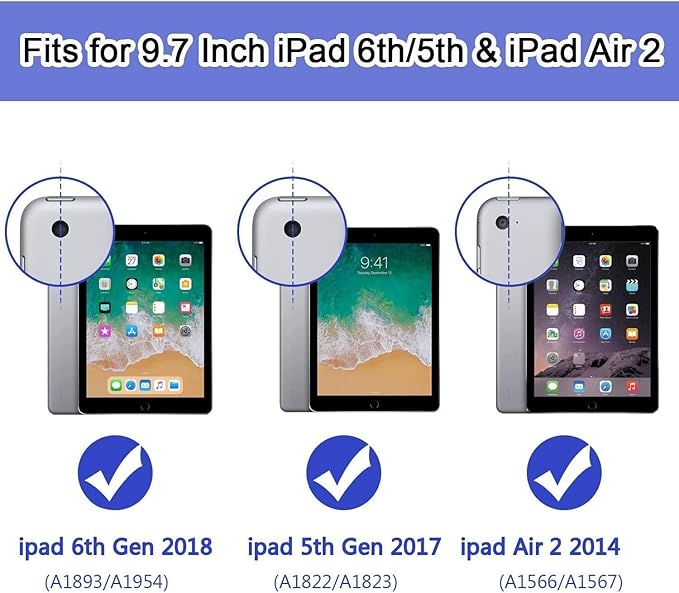 for iPad 6th Generation/iPad 5th Gen/iPad Air 2/iPad Pro 9.7" Case with Cute Key Chain, Rugged Protective Case with Rotating Stand & Shoulder Hand Strap for iPad 6th/5th/ Air 2 (Rainbow Aqua)