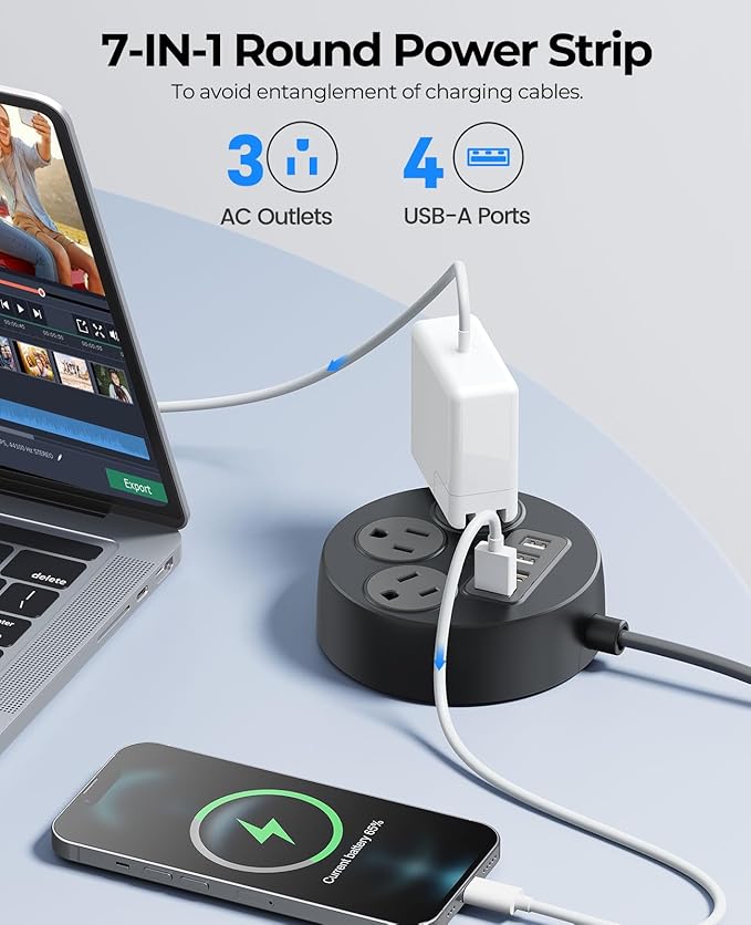 ORICO Power Strip, 45° Flat Plug Extension Cord with 3 AC Outlets and 4 USB-A Charging Ports, 5FT Black Compact Outlet Extender for Cruise/Travel/Home/Office - PSO