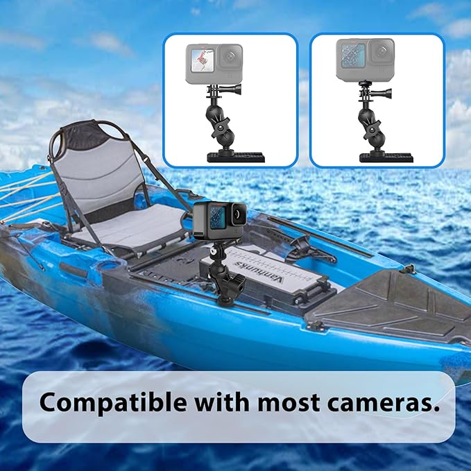 Universal Kayak Action Camera Mount 360 Degree Adjustable Kayak Rail Track Camera Holder Compatible with GoPro Three-Prong Mounts