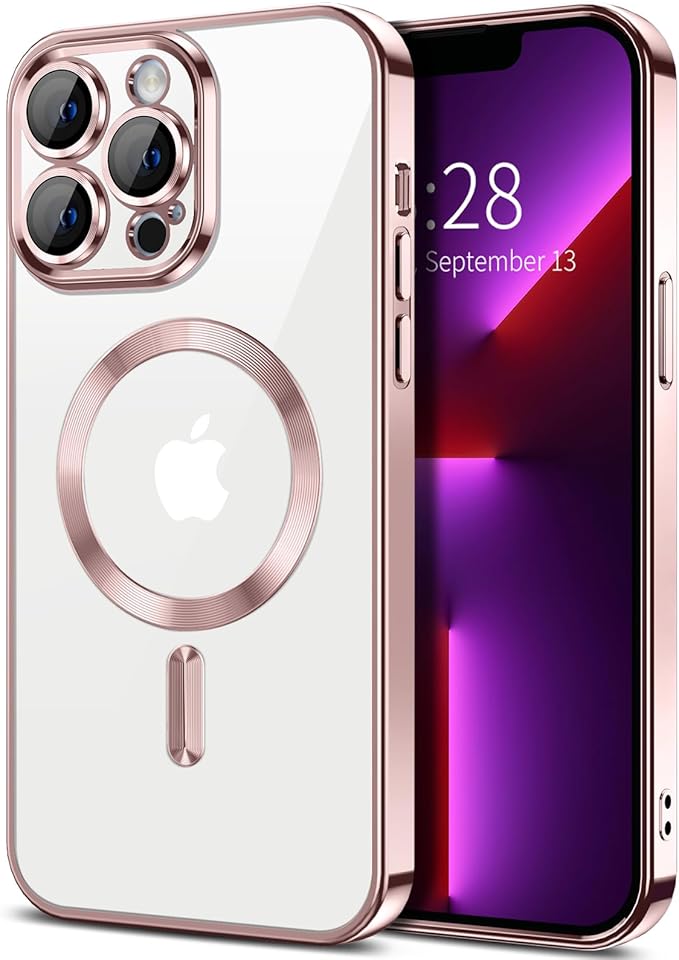 Hython Magnetic Clear for iPhone 13 Pro Case with Camera Lens Protector [Compatible with MagSafe] Luxury Plating Edge Slim Soft TPU Cover Protective Phone Case for iPhone 13 Pro 6.1", Pink