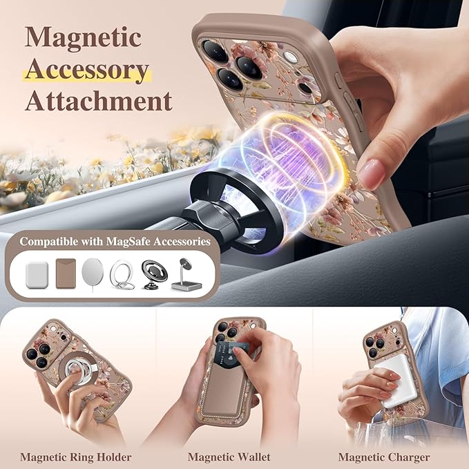 GVIEWIN for iPhone 17 Pro Case Compatible with MagSafe [Curly Wave Edge][Full Camera Protection] Floral Translucent Shockproof Magnetic Women Phone Case for iPhone 17 Pro 6.3'', Corn Poppy/Brown