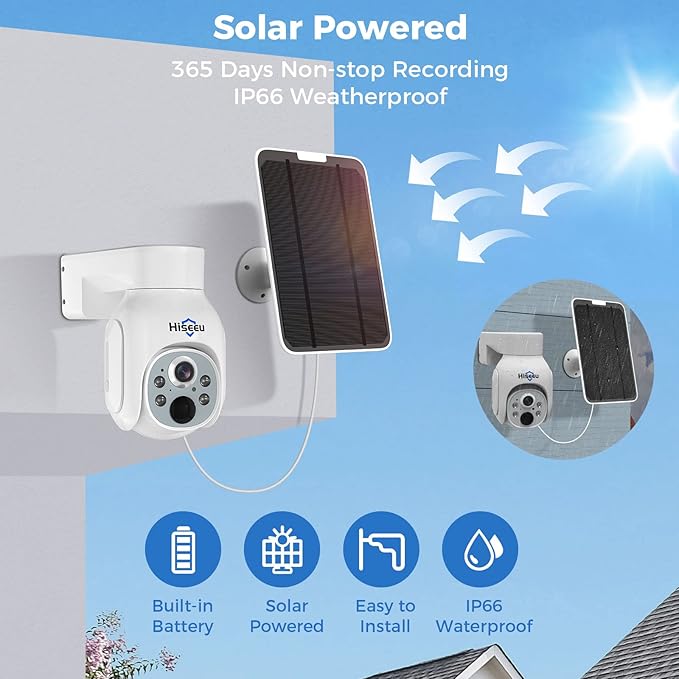 Hiseeu Solar Security Camera Outdoor, 4MP Wireless WiFi Camera, PTZ 360° View, PIR Motion Detection, Color Night Vision, IP66, 2-Way Audio, Compatible with Alexa (2PCS)