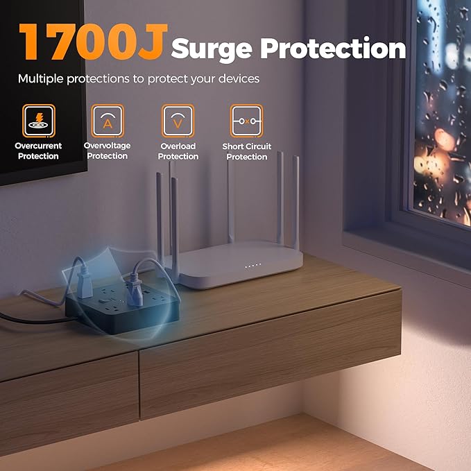 TESSAN 10Ft Black Extension Cord with Multiple Outlets, Surge Protector Power Strip with 6 Outlets and 3 USB Ports (1 USB C), 1700 Joules Protection, Flat Plug, Outlet Extender for Home, Office, Dorm