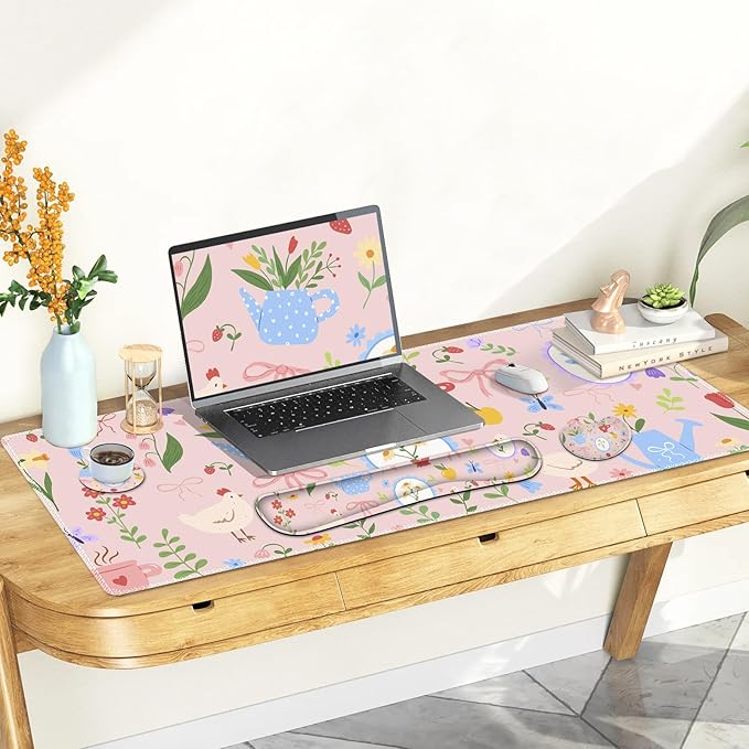 Large Gaming Mouse Pad Set, Adorable Style 4 in1 Ergonomics Keyboard Desk Mat with Memory Foam Wrist Rest, Extended Game Mousepad, Non-Slip Desk Pad Matt Easy Typing Pain Relief I Pink Girly