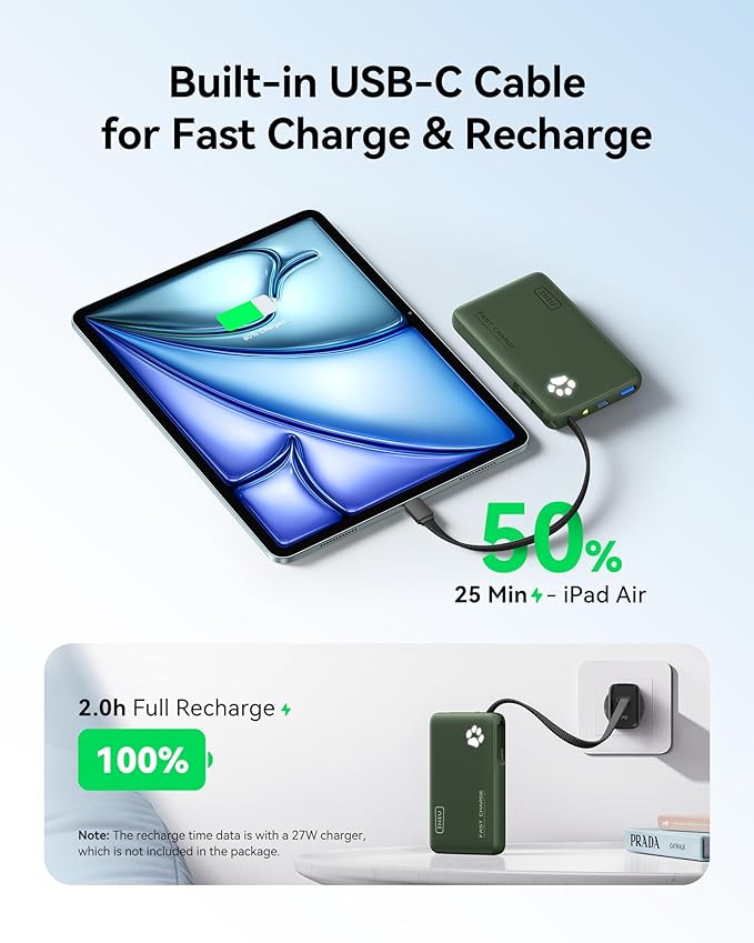 INIU 45W Power Bank, Fast Charging Portable Charger with Built-in USB C Cable, 10000mAh Small Type C Powerbank, Battery Pack for iPhone 17 16 15 14, iPad, Samsung S25 S24 etc Travel Camping, Green