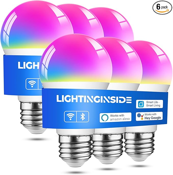 Lightinginside Smart Light Bulbs 6 Pack, Smart Bulb Works with Alexa/Google Home/SmartLife, CRI>90, RGBCW Color Changing LED Light Bulbs, 2.4G WiFi Bluetooth A19 E26 Bulb, No Hub Required, ETL Listed