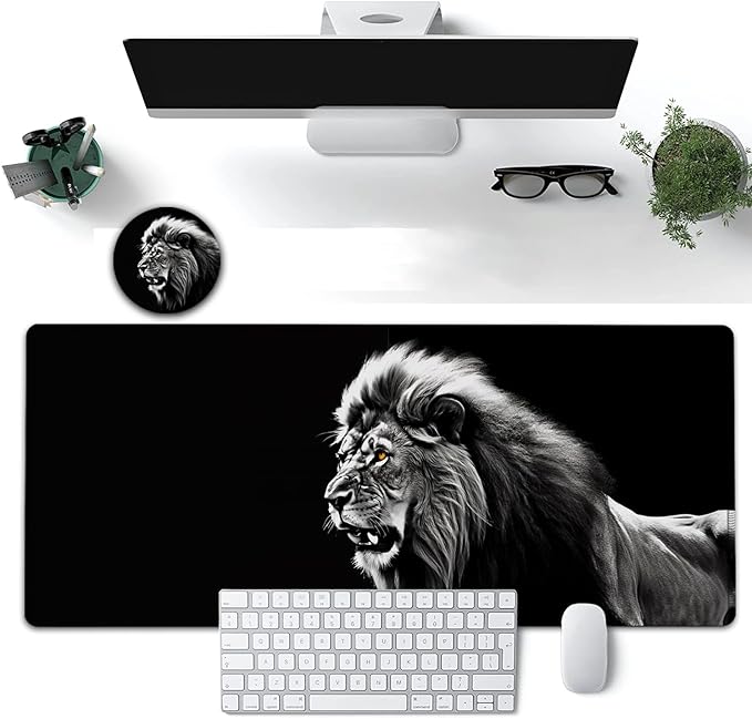 Large Mouse Pad, 31.5 x 11.8in Extended Gaming Mouse Pad with Stitched Edges, XXL Mousepad Protector Non Slip Rubber Base for Office and Home Writing Mat, Fierce Lion Pattern Black Desk Mat