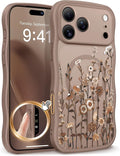 GVIEWIN for iPhone 17 Pro Max Case Compatible with MagSafe [Curly Wave Edge][Full Camera Protection] Floral Translucent Shockproof Magnetic Women Phone Case for 17 Pro Max, Floratopia/Brown